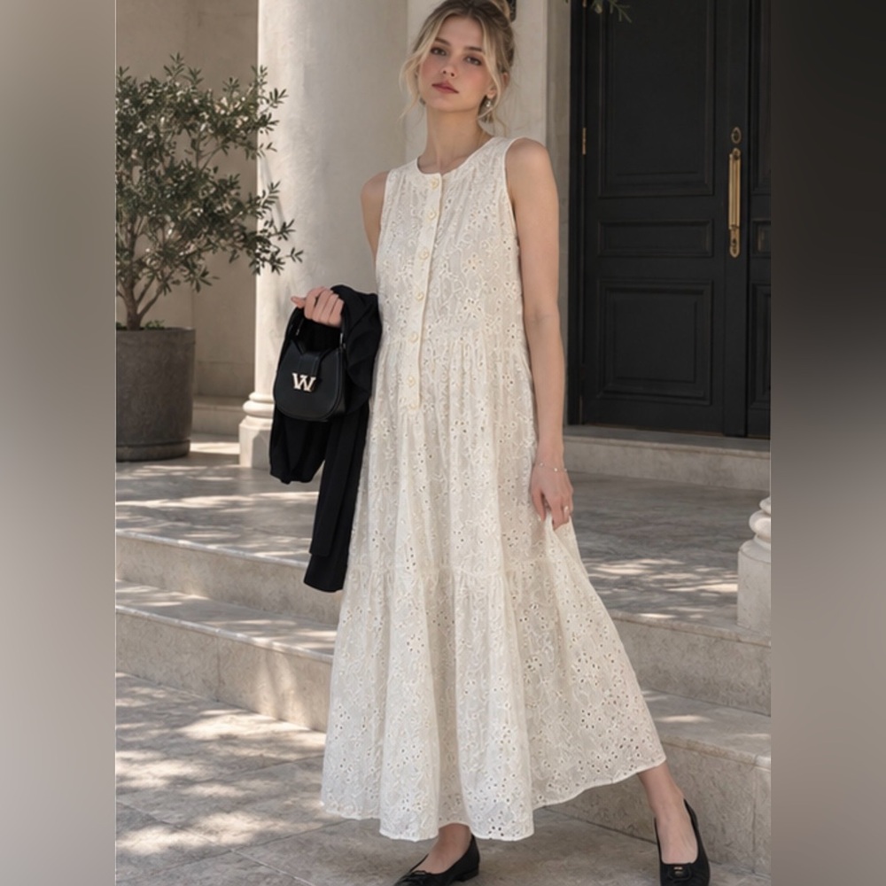 White Eyelet Embroidered Sleeveless Maternity Maxi Dress